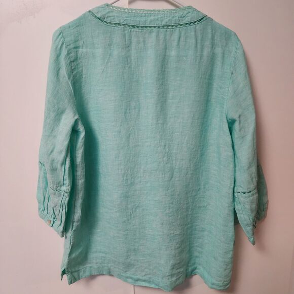 Joie 100% Linen 3/4 Sleeve V-Neck Aqua Pullover Womens Top Blouse Small Coastal - Picture 7 of 14